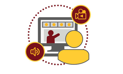 Maroon and gold illustration of remote learning at the Carlson School